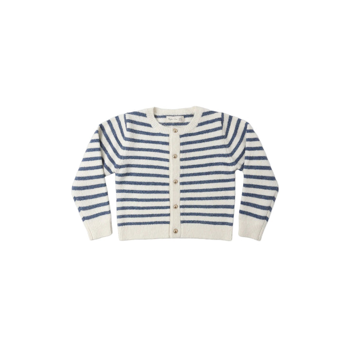 Striped cardigan with blue and white pattern on a light gray background