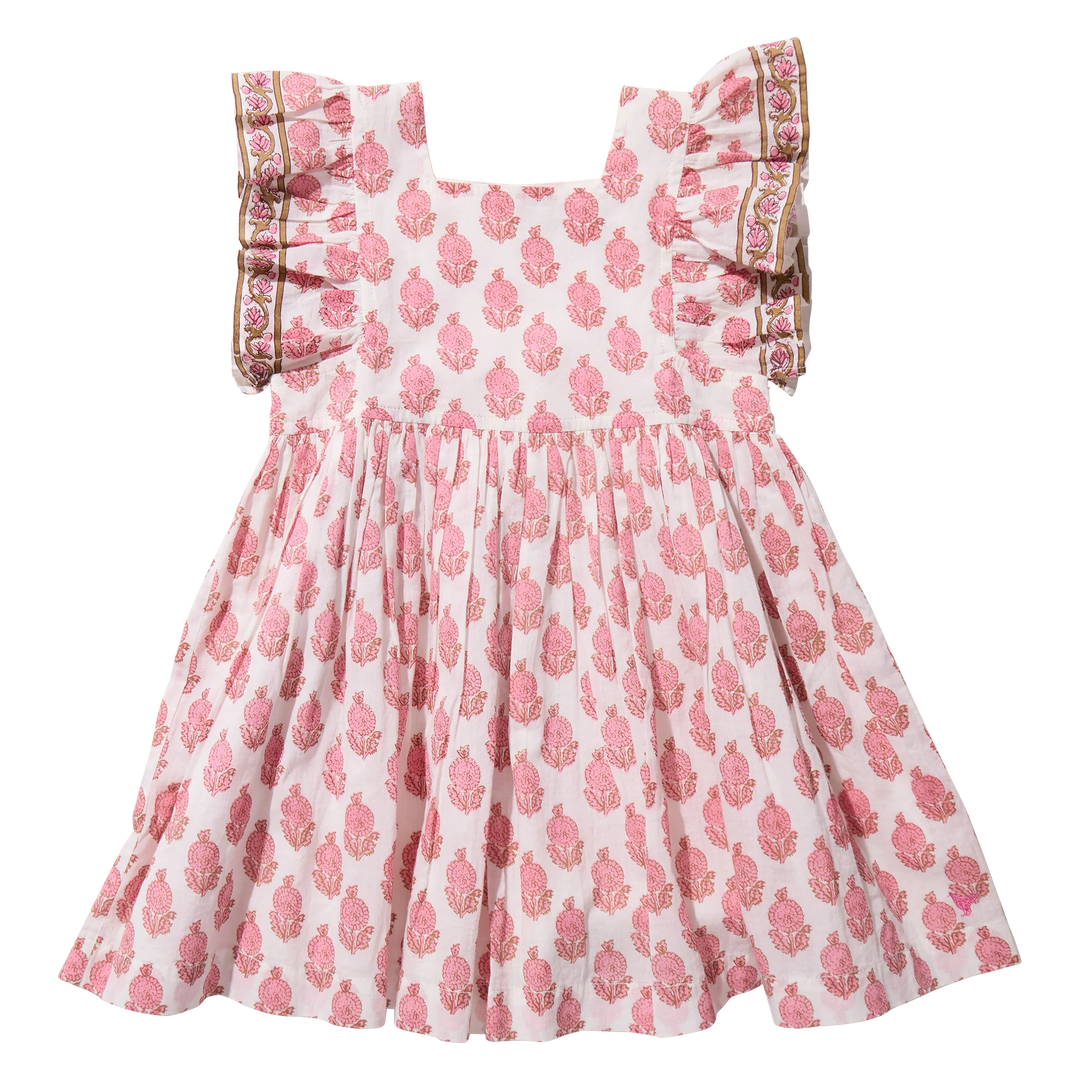 Pink floral dress with ruffled sleeves on a white background