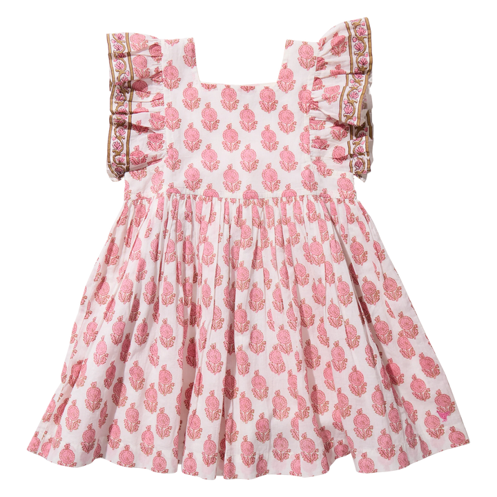 Pink floral dress with ruffled sleeves on a white background