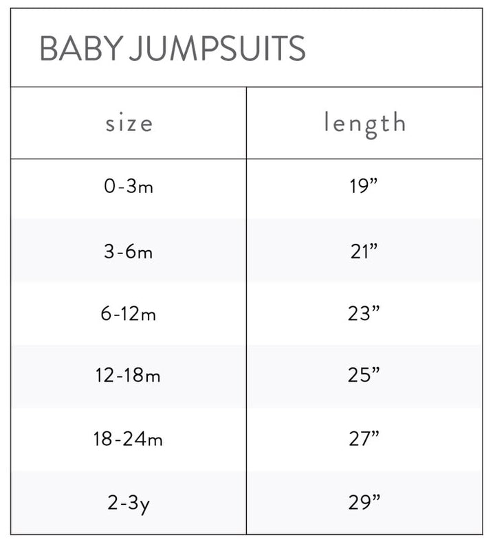 A size chart for baby jumpsuits showing age ranges from 0-3m to 2-3y and corresponding lengths in inches.