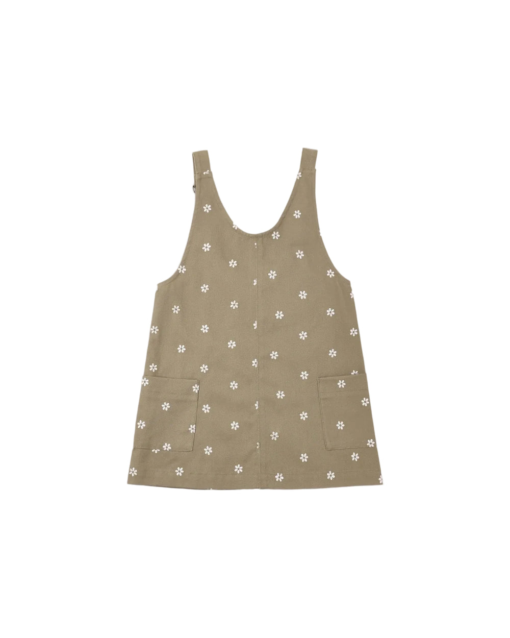 A sleeveless brown vest with a white floral pattern, featuring a button-up front and two front patch pockets, shown flat on a light gray background.