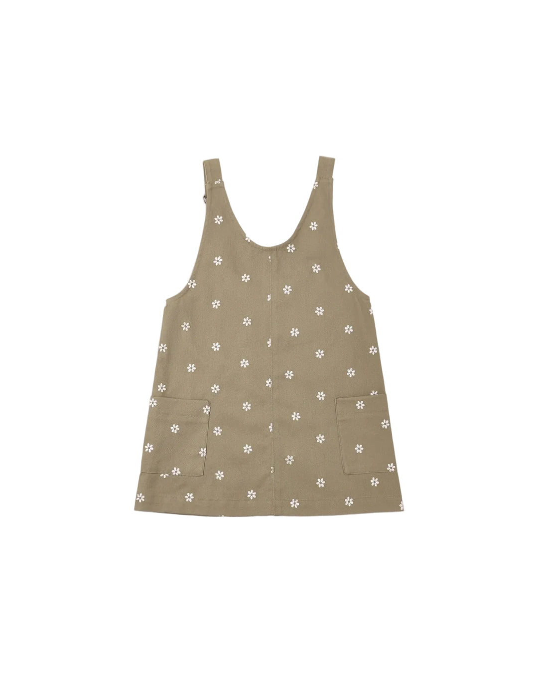 A sleeveless brown vest with a white floral pattern, featuring a button-up front and two front patch pockets, shown flat on a light gray background.