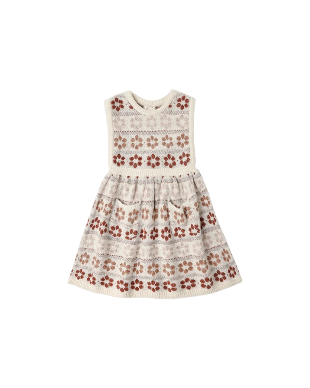 A sleeveless knit dress for toddlers, featuring a cream base with a brown and rust-red floral pattern, shown against a plain light gray background.