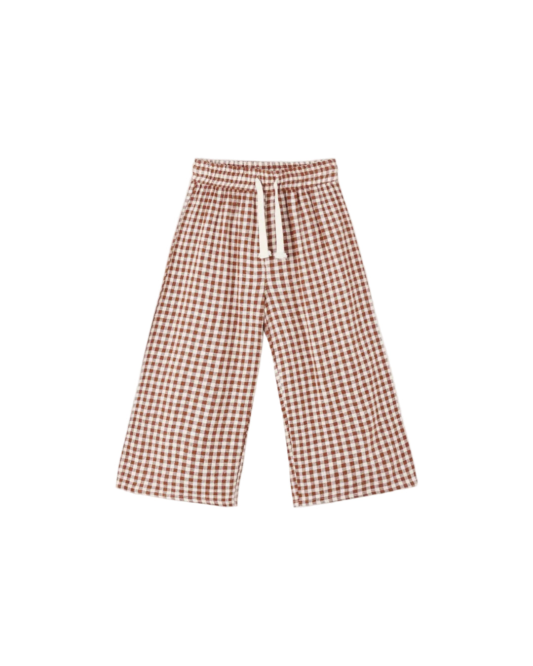 A pair of wide-leg cropped pants featuring a brown and white gingham check pattern, a matching elastic waistband, and a white drawstring, displayed against a solid light gray background.