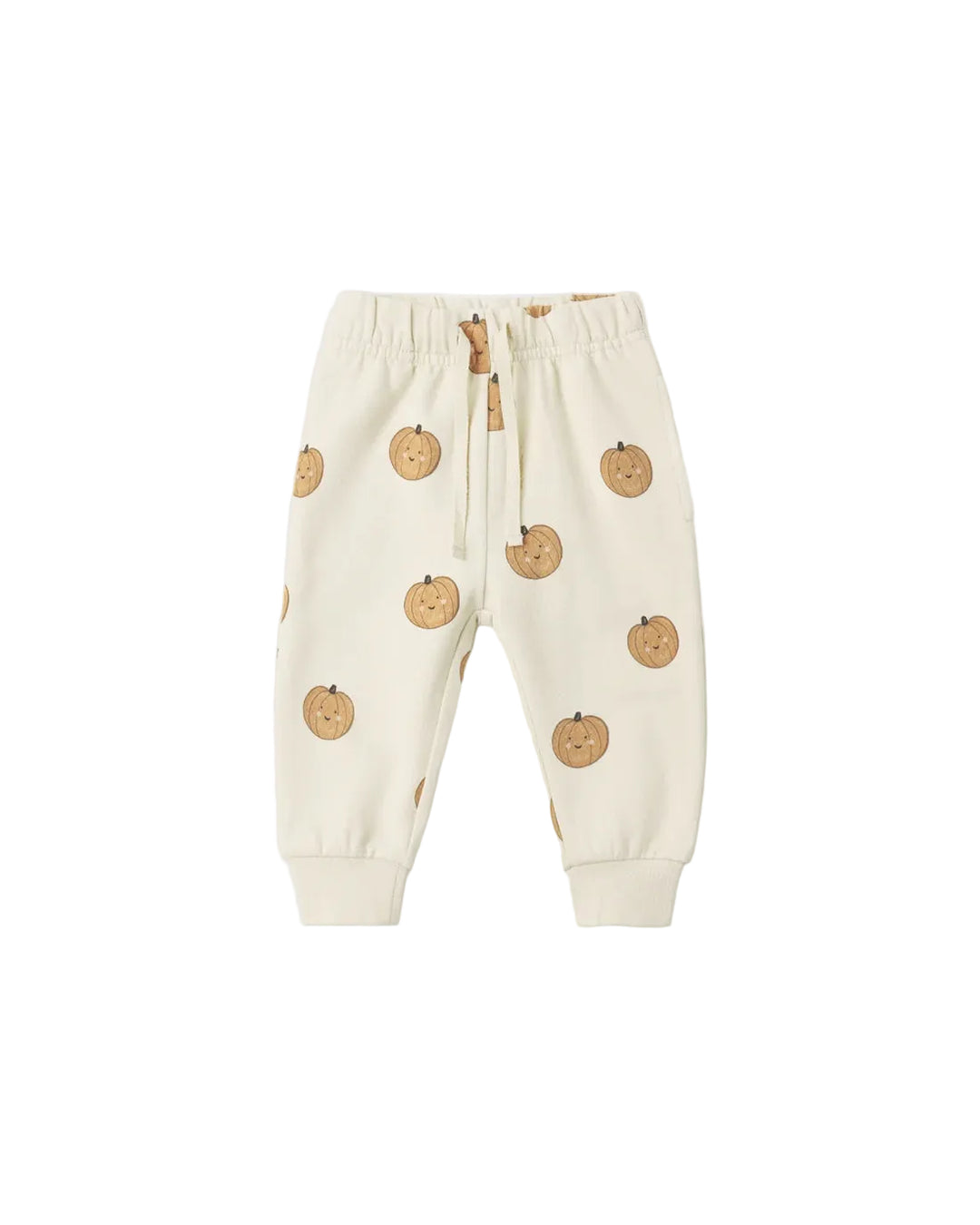 Off-white jogger pants for toddlers, featuring an all-over pumpkin print and a drawstring waist, shown flat on a light gray background.