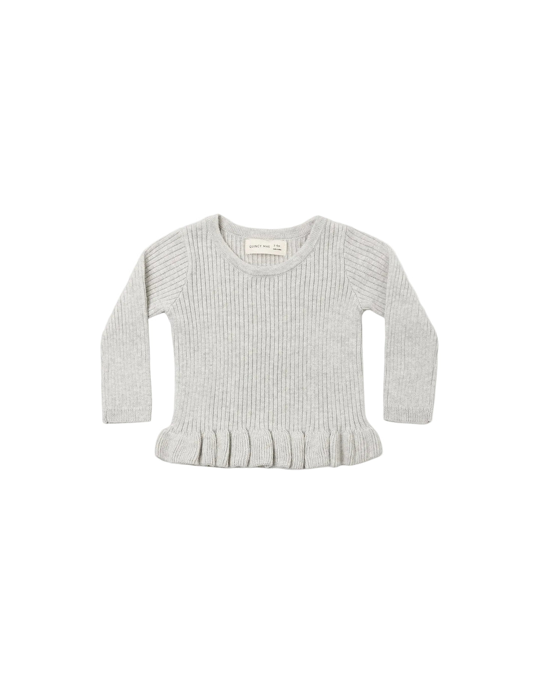 Heathered gray rib knit top for babies with long sleeves and sweet peplum hem at the bottom.