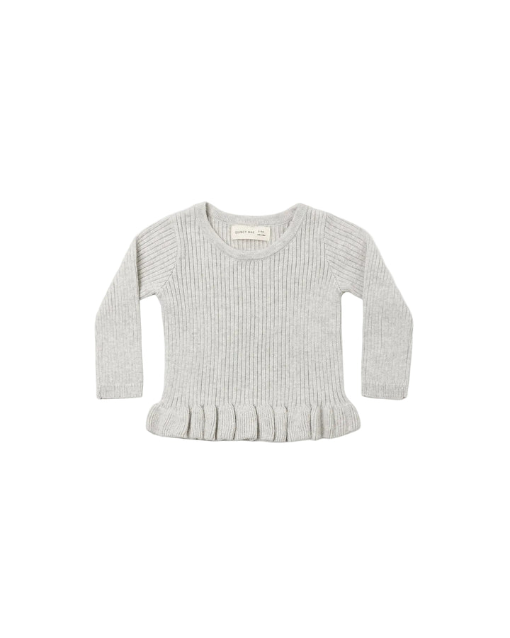 Heathered gray rib knit top for babies with long sleeves and sweet peplum hem at the bottom.