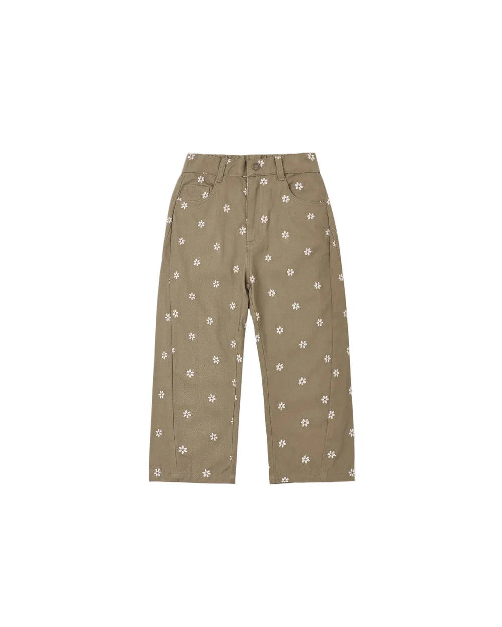 A pair of high-waisted, straight-leg trousers in a muted khaki-brown color, decorated with a small white floral pattern, shown flat against a light gray background.