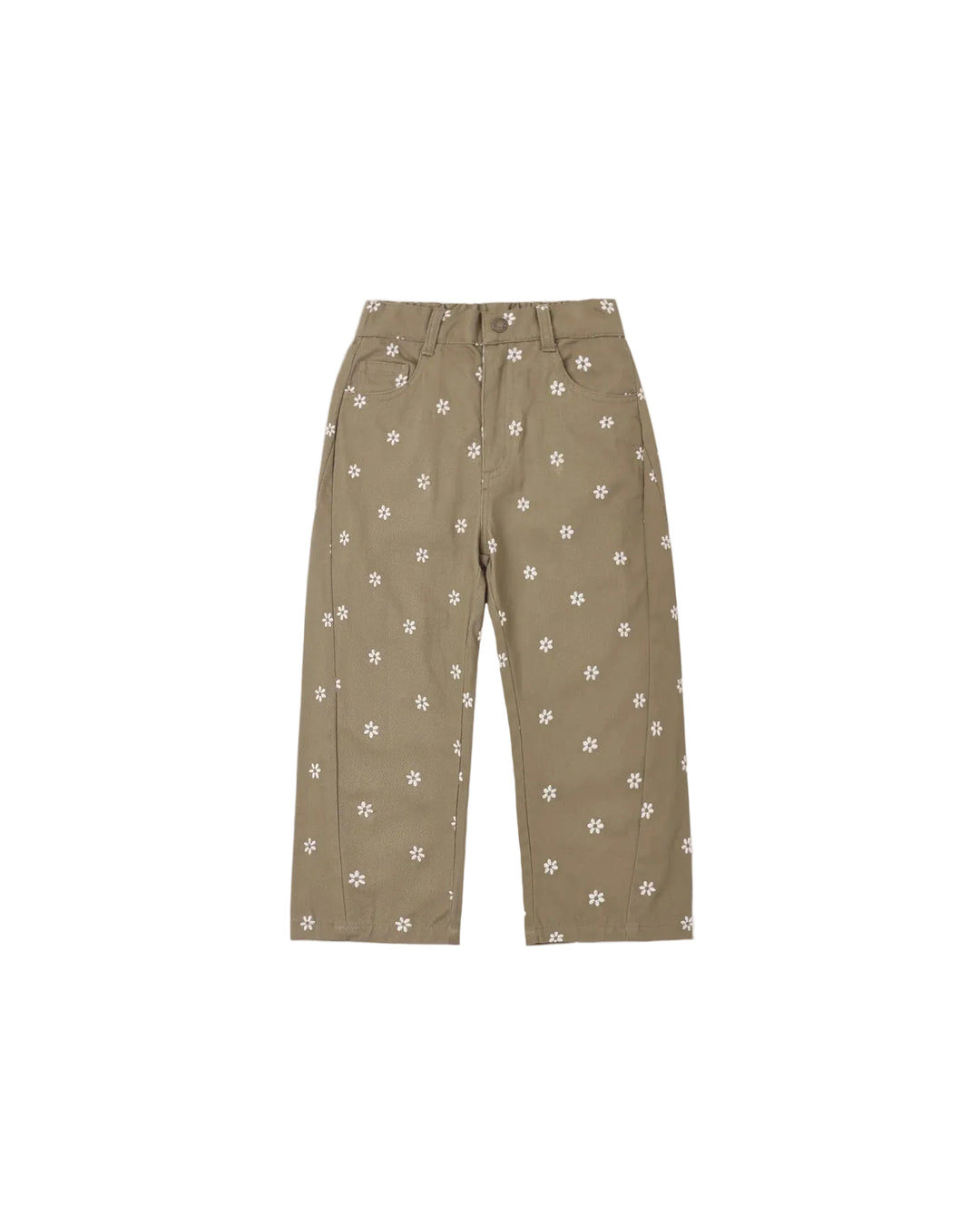A pair of high-waisted, straight-leg trousers in a muted khaki-brown color, decorated with a small white floral pattern, shown flat against a light gray background.