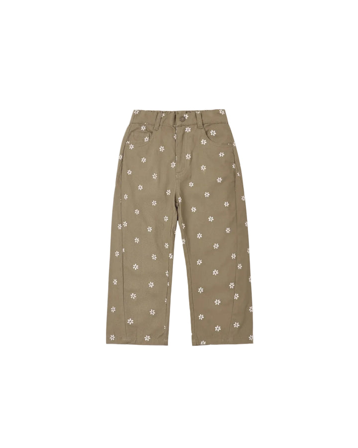 A pair of high-waisted, straight-leg trousers in a muted khaki-brown color, decorated with a small white floral pattern, shown flat against a light gray background.