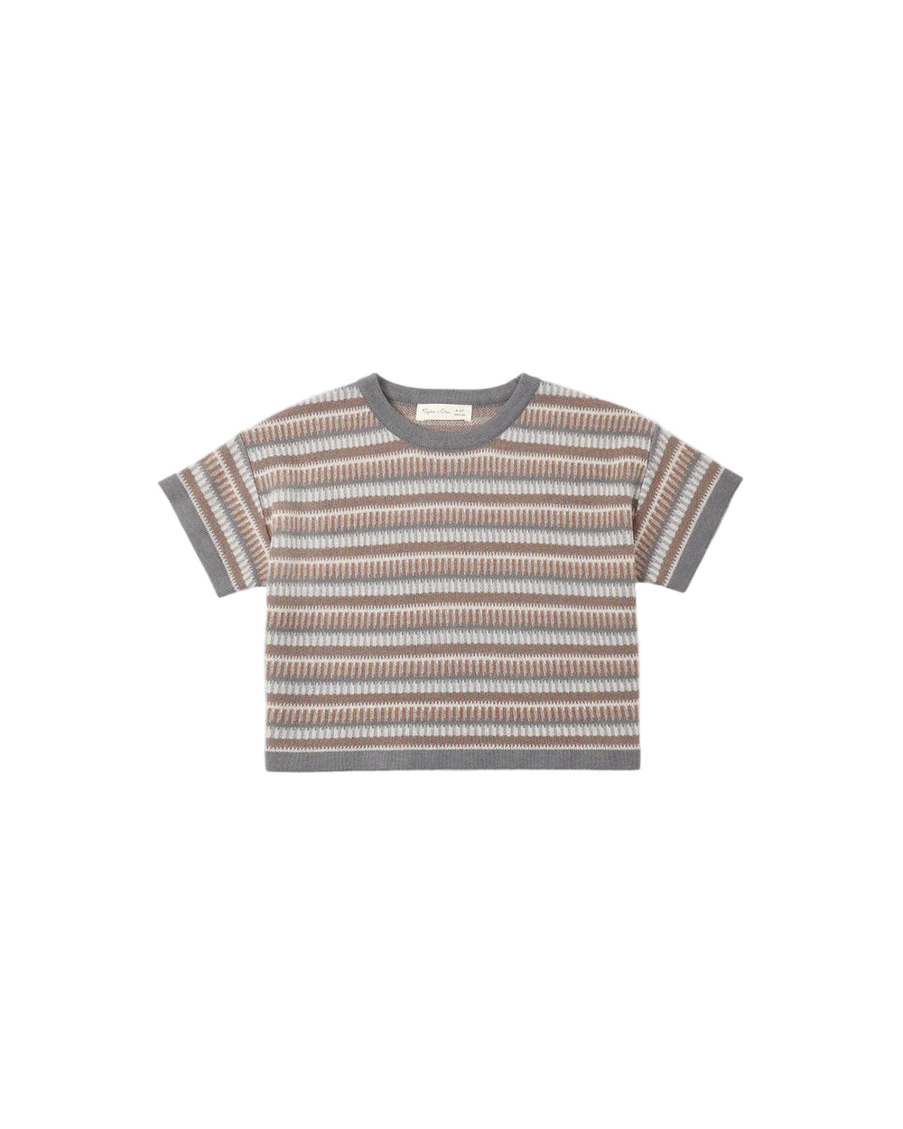 A short-sleeve knit top with horizontal stripes in brown, beige, and gray, featuring solid gray ribbed trim on the crew neck, sleeve cuffs, and hem, displayed on a light gray background.