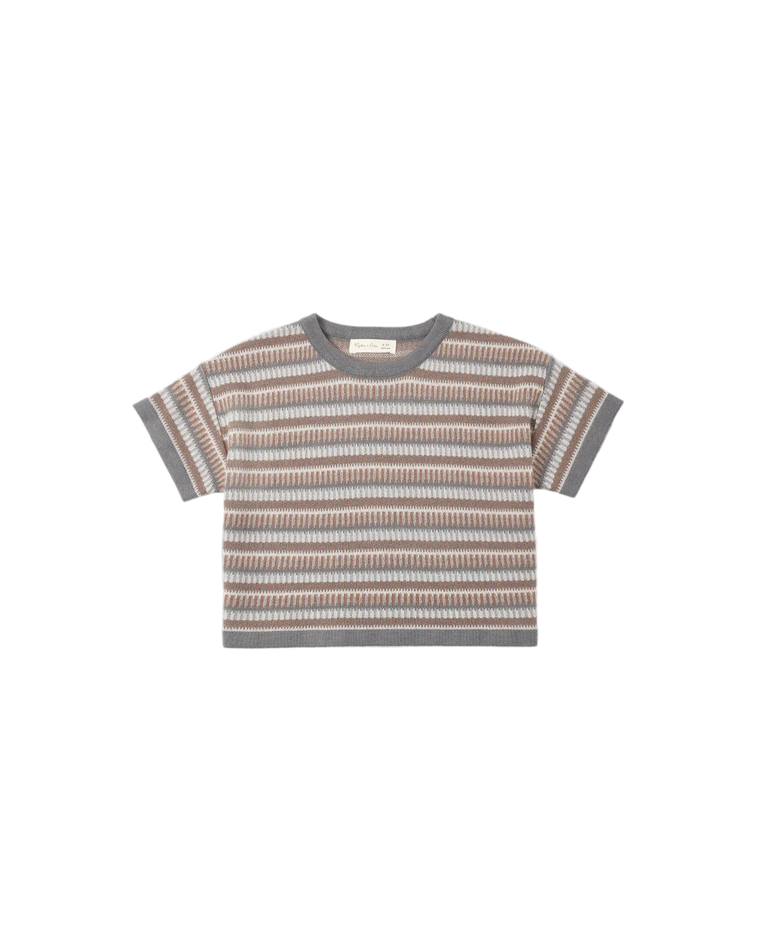 A short-sleeve knit top with horizontal stripes in brown, beige, and gray, featuring solid gray ribbed trim on the crew neck, sleeve cuffs, and hem, displayed on a light gray background.