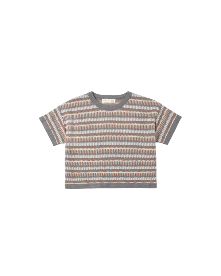 A short-sleeve knit top with horizontal stripes in brown, beige, and gray, featuring solid gray ribbed trim on the crew neck, sleeve cuffs, and hem, displayed on a light gray background.