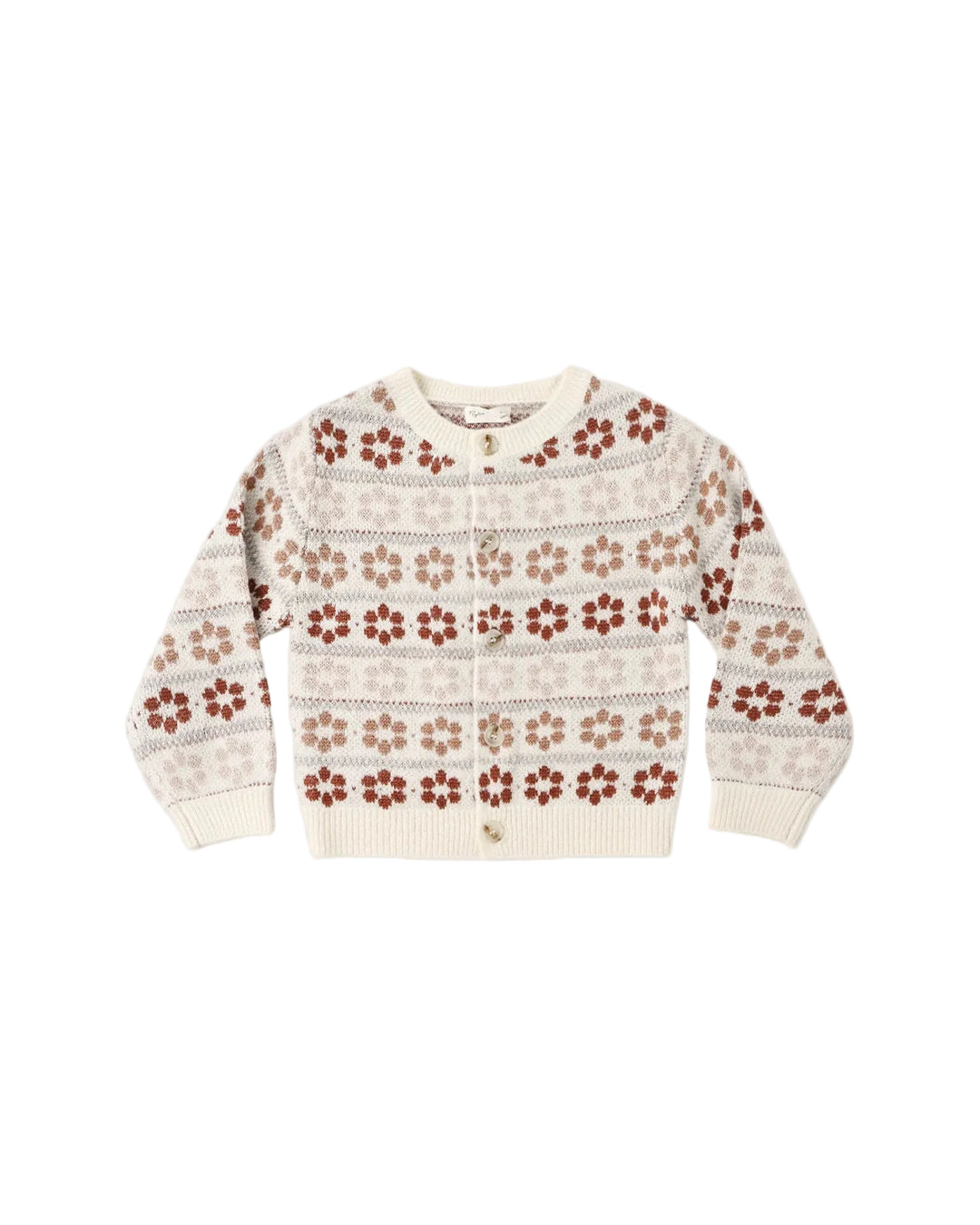 A cream-colored knit cardigan sweater with a repeating brown and dusty rose floral pattern, featuring a button-up front and ribbed cuffs and hem, shown against a light gray background.