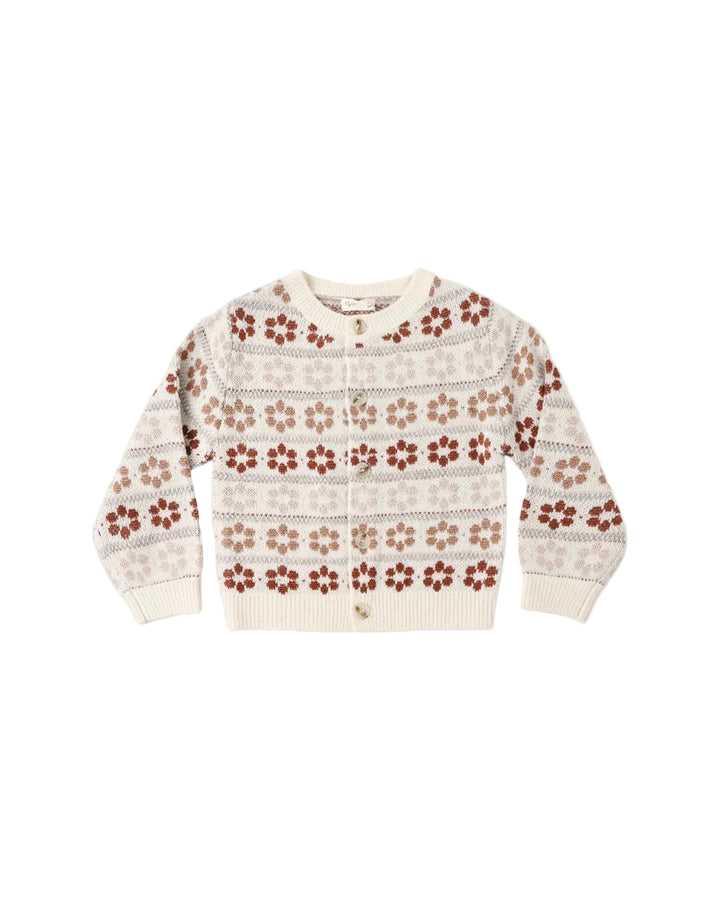 A cream-colored knit cardigan sweater with a repeating brown and dusty rose floral pattern, featuring a button-up front and ribbed cuffs and hem, shown against a light gray background.