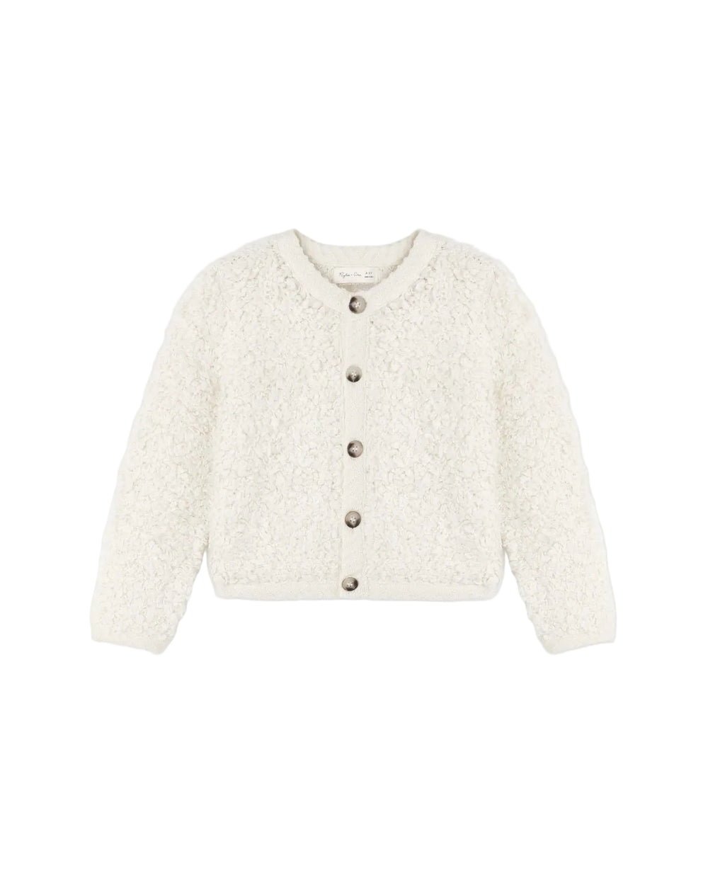 An off-white textured bouclé cardigan sweater with a button-up front, displayed flat against a light gray background.