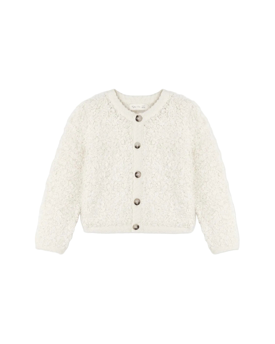 An off-white textured bouclé cardigan sweater with a button-up front, displayed flat against a light gray background.