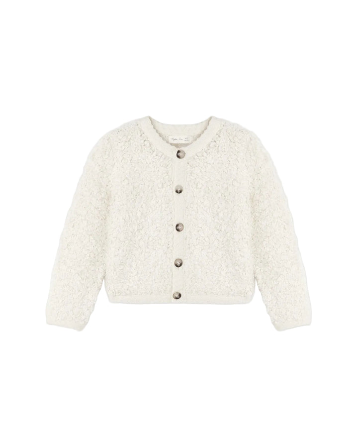 An off-white textured bouclé cardigan sweater with a button-up front, displayed flat against a light gray background.