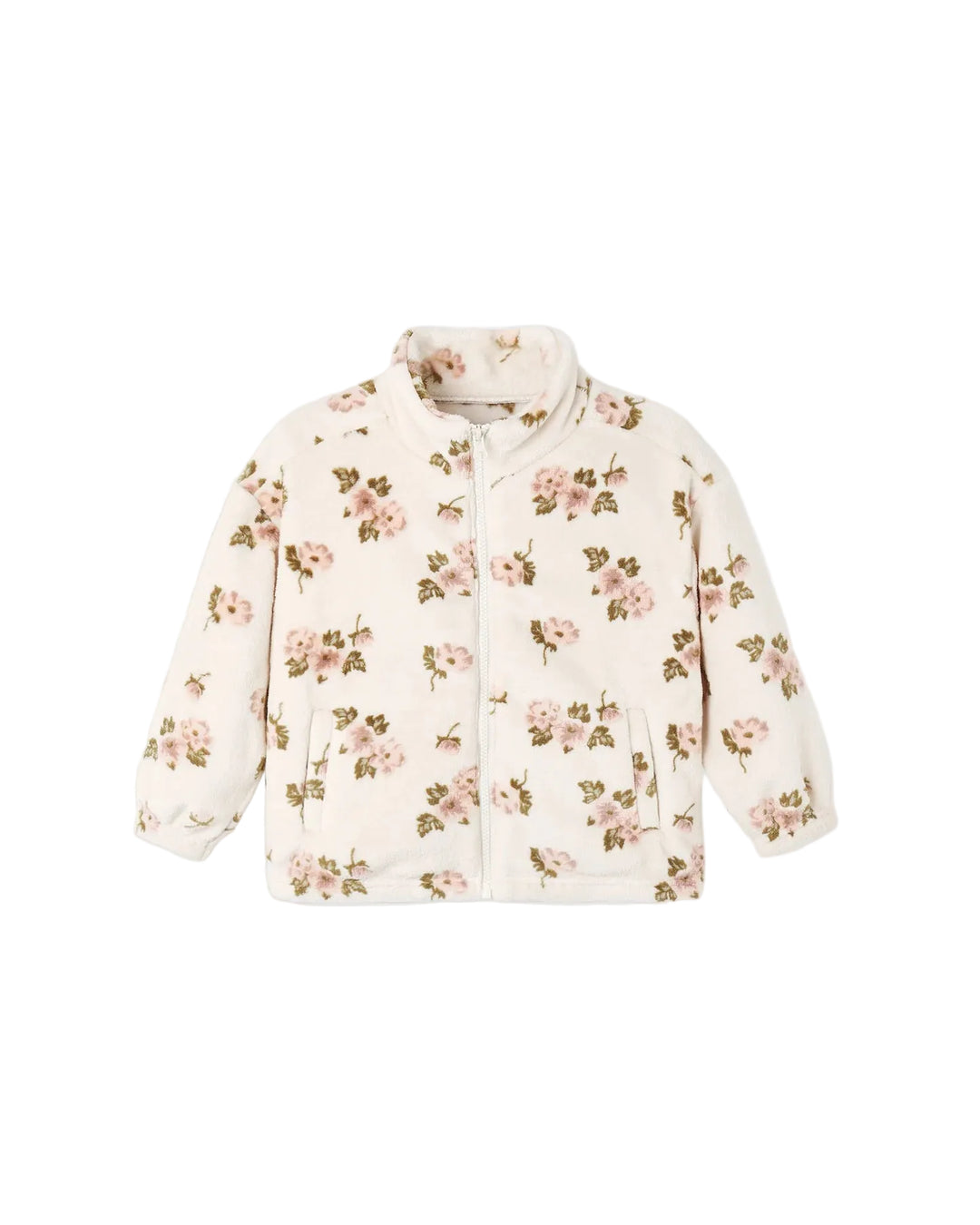 A cream-colored quilted jacket with an all-over pink rose and green leaf floral print, displayed flat against a light gray background.