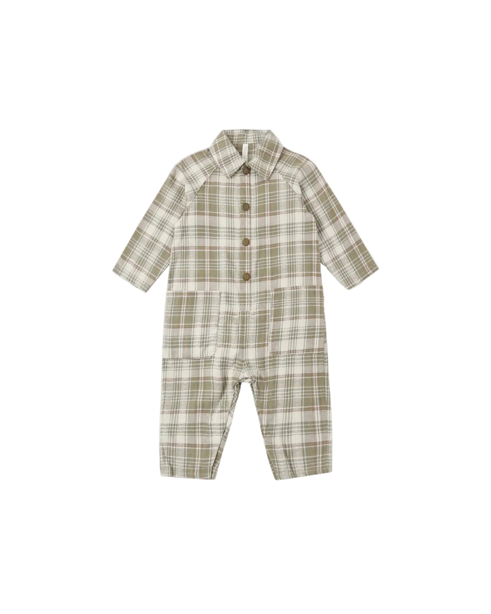 A baby long-sleeve romper in a beige and brown plaid pattern, featuring a button-up front and collar, displayed on a clean white background.