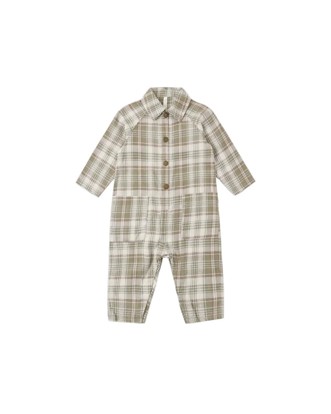 A baby long-sleeve romper in a beige and brown plaid pattern, featuring a button-up front and collar, displayed on a clean white background.