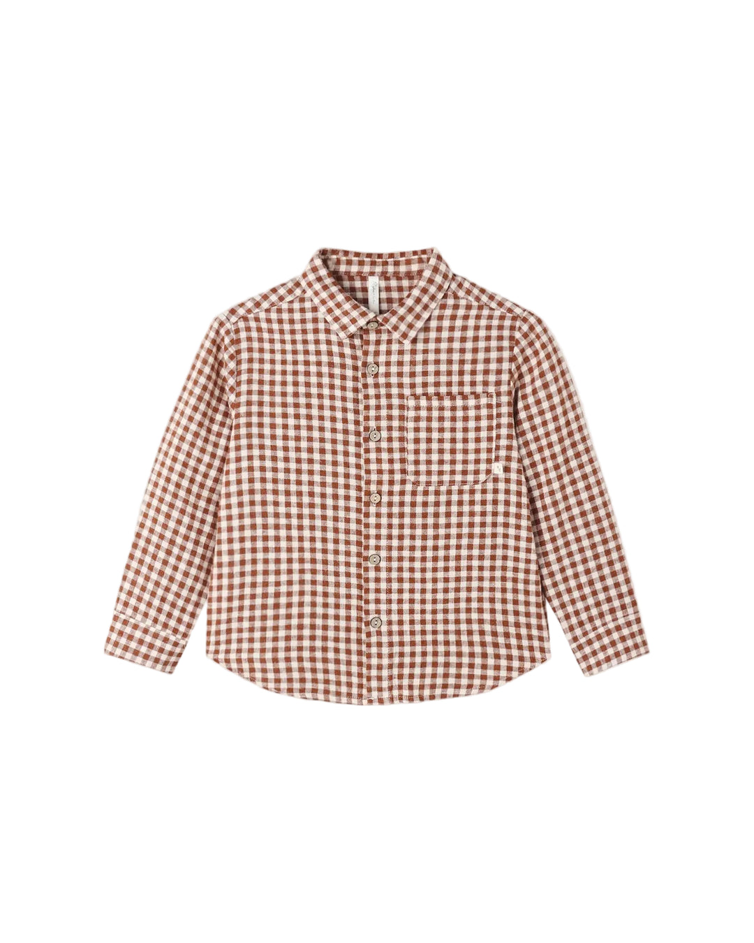A long-sleeve button-up shirt with a brown and white gingham check pattern, featuring a classic collar and a chest pocket, displayed flat against a light gray background.