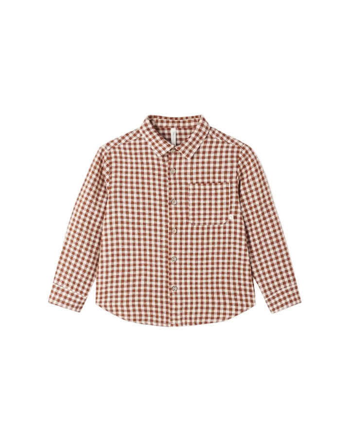 A long-sleeve button-up shirt with a brown and white gingham check pattern, featuring a classic collar and a chest pocket, displayed flat against a light gray background.