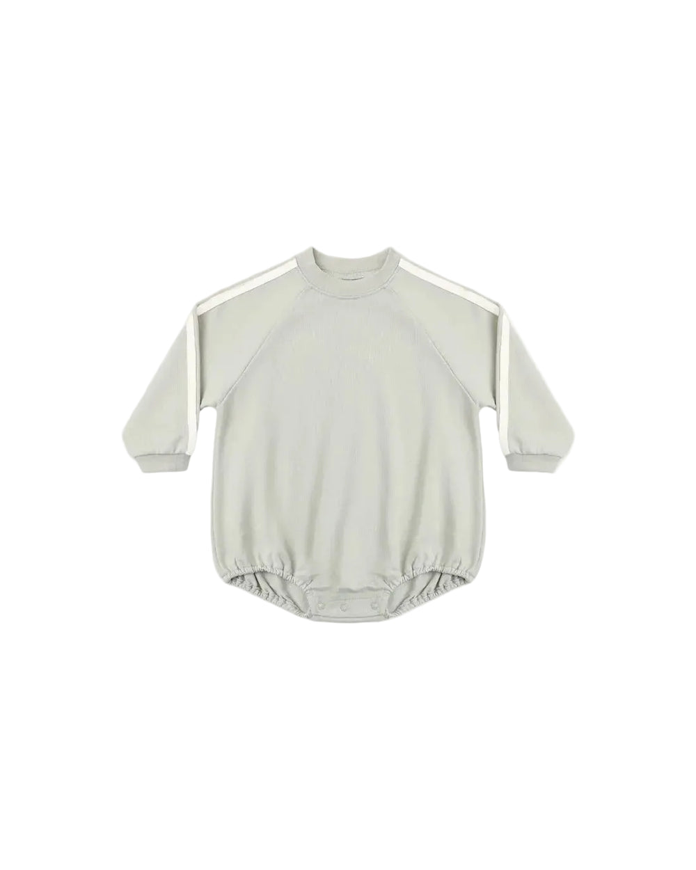 A light sage green long-sleeve baby romper with white shoulder stripes, laid flat against a light background.