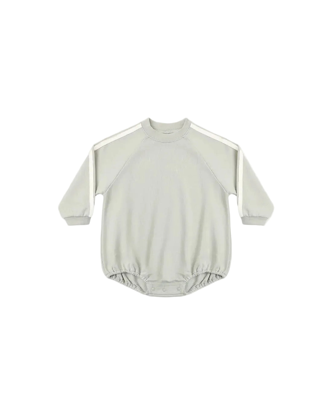 A light sage green long-sleeve baby romper with white shoulder stripes, laid flat against a light background.