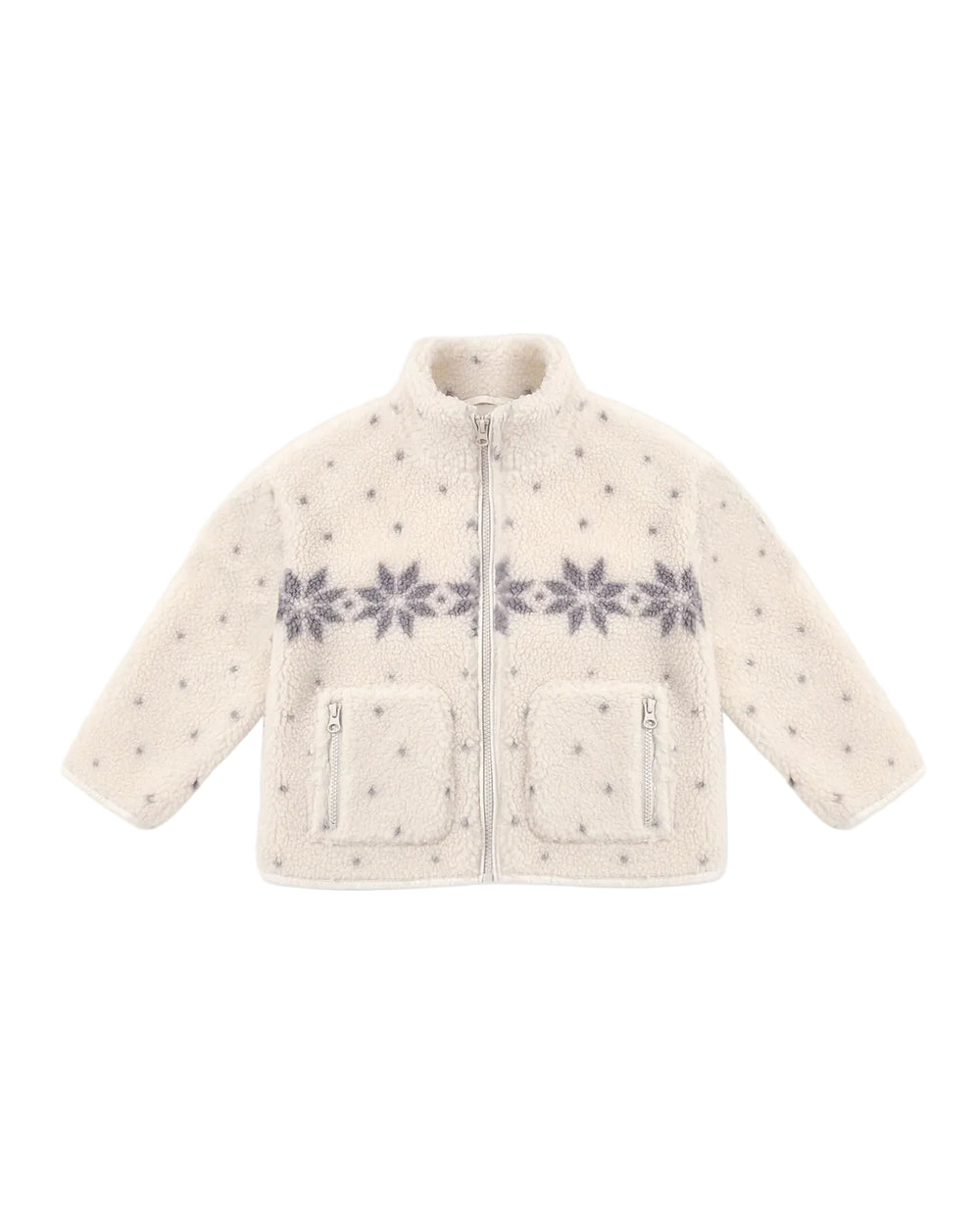 A cream-colored sherpa fleece jacket with a gray snowflake pattern across the chest and small gray star prints throughout, featuring a front zipper and two zippered pockets.