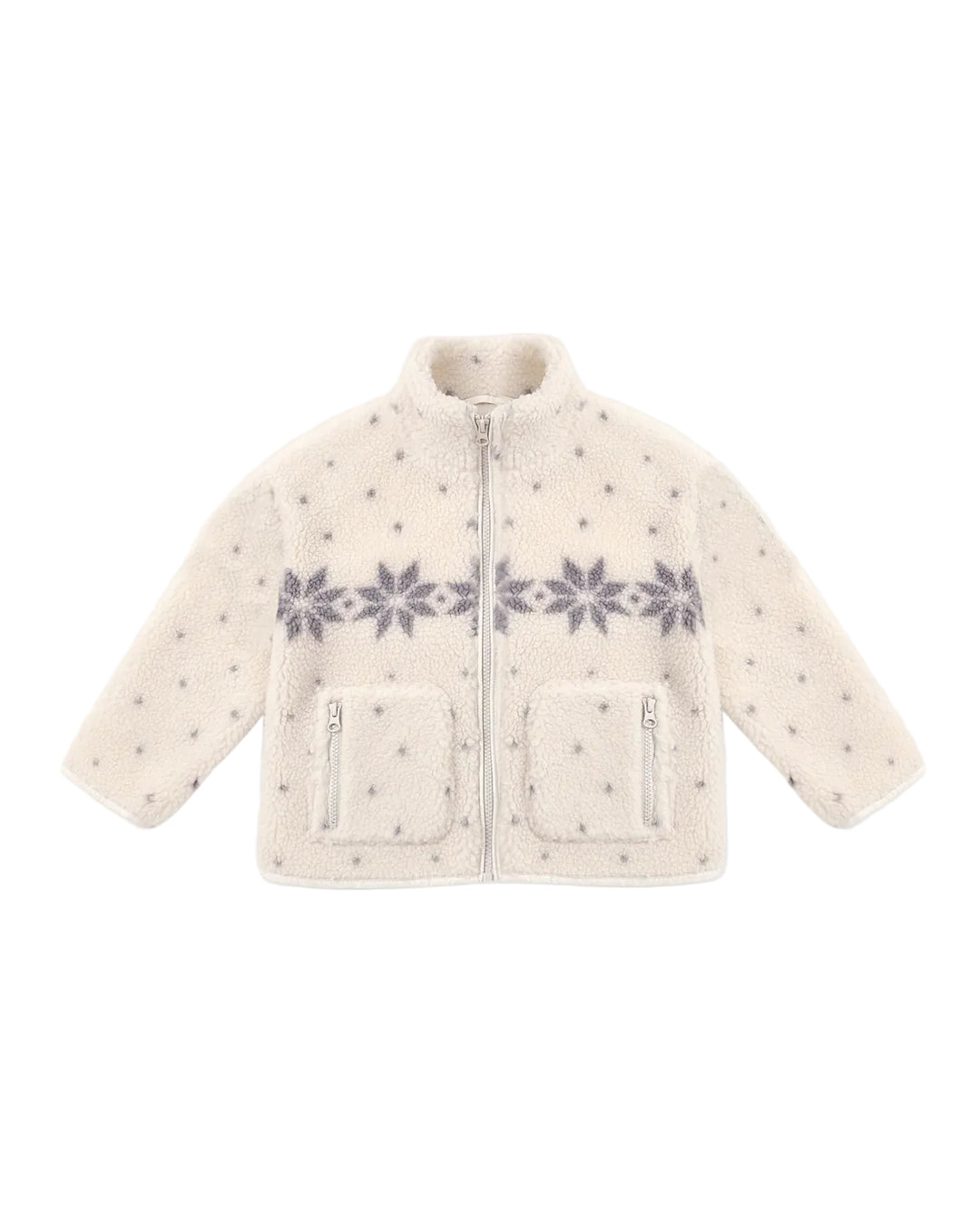 A cream-colored sherpa fleece jacket with a gray snowflake pattern across the chest and small gray star prints throughout, featuring a front zipper and two zippered pockets.