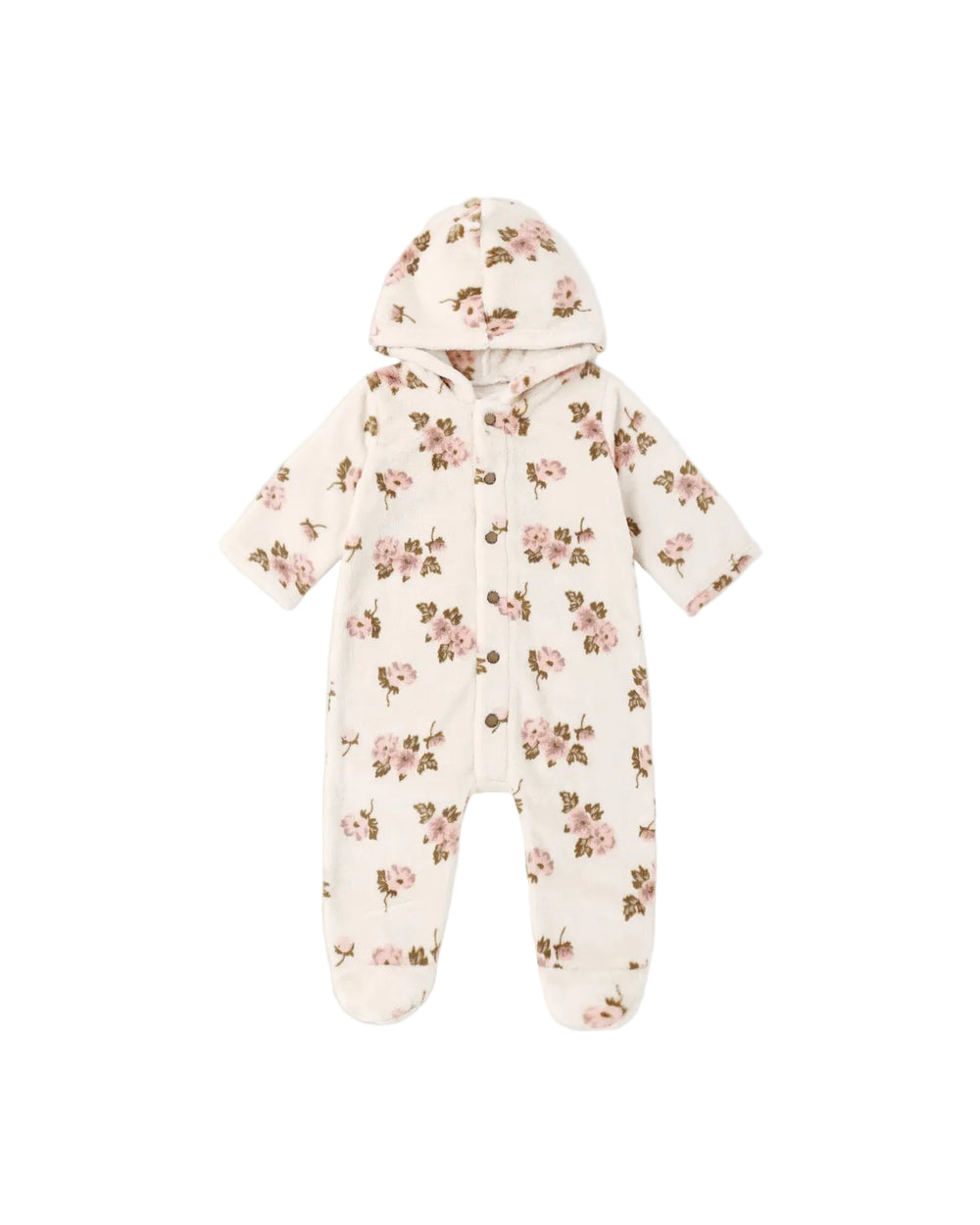 A baby hooded footed sleeper in a warm cream color with an all-over pink and brown floral print, shown flat on a light gray background.