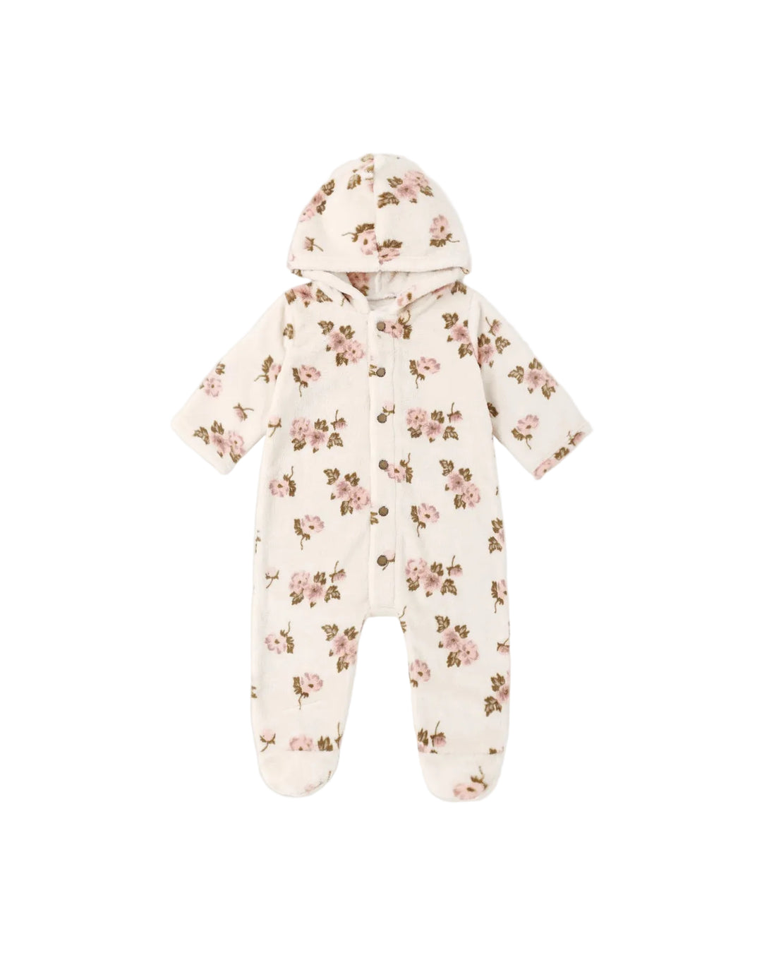 A baby hooded footed sleeper in a warm cream color with an all-over pink and brown floral print, shown flat on a light gray background.