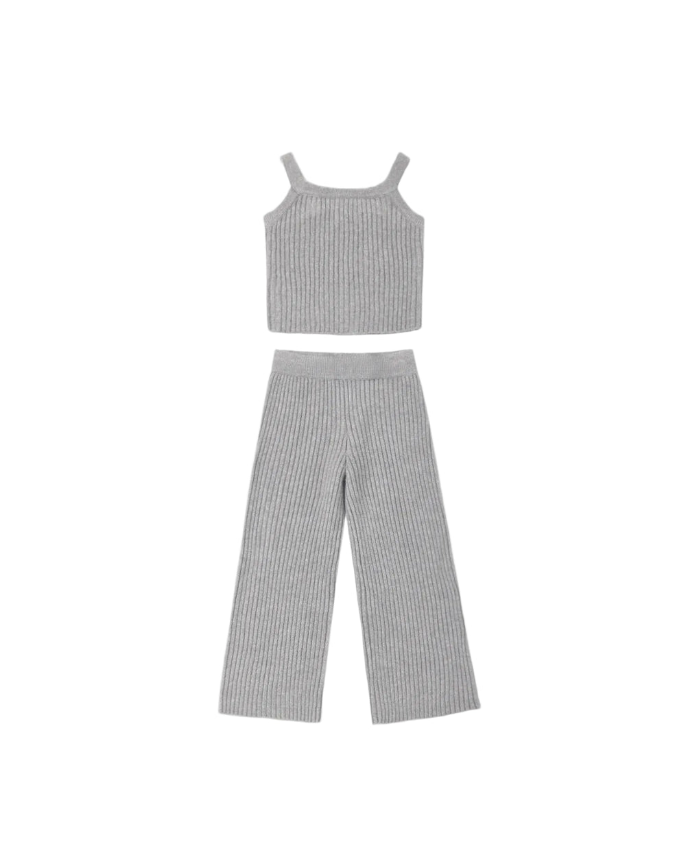 A two-piece children's outfit set featuring a sleeveless ribbed knit crop top and matching wide-leg cropped pants in light gray, displayed flat against a solid off-white background.