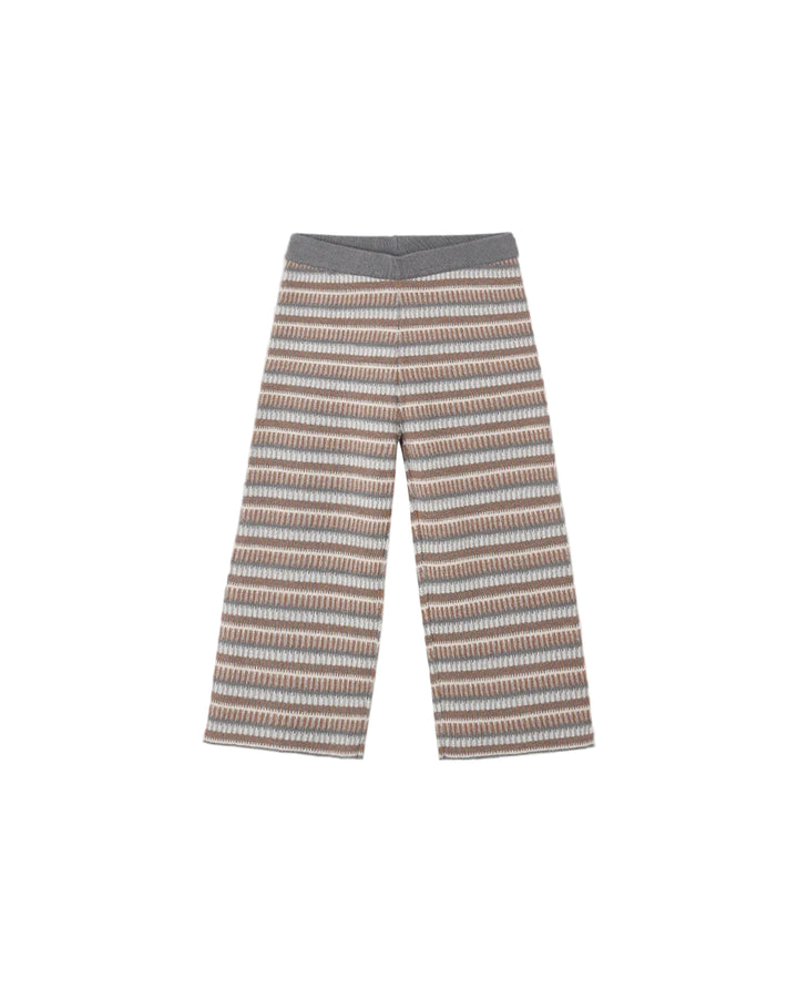A pair of knit wide-leg pants featuring horizontal stripes in brown, beige, and gray, with a solid gray elastic waistband, shown against a plain white background.