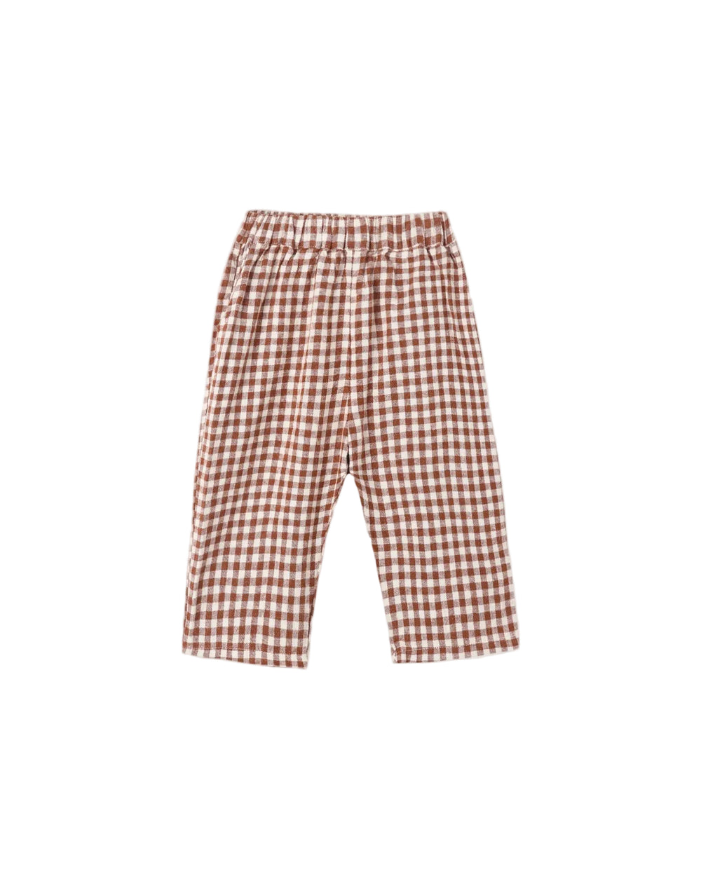 A pair of toddler's wide-leg trousers featuring a brown and white gingham check pattern, displayed flat against a white background.