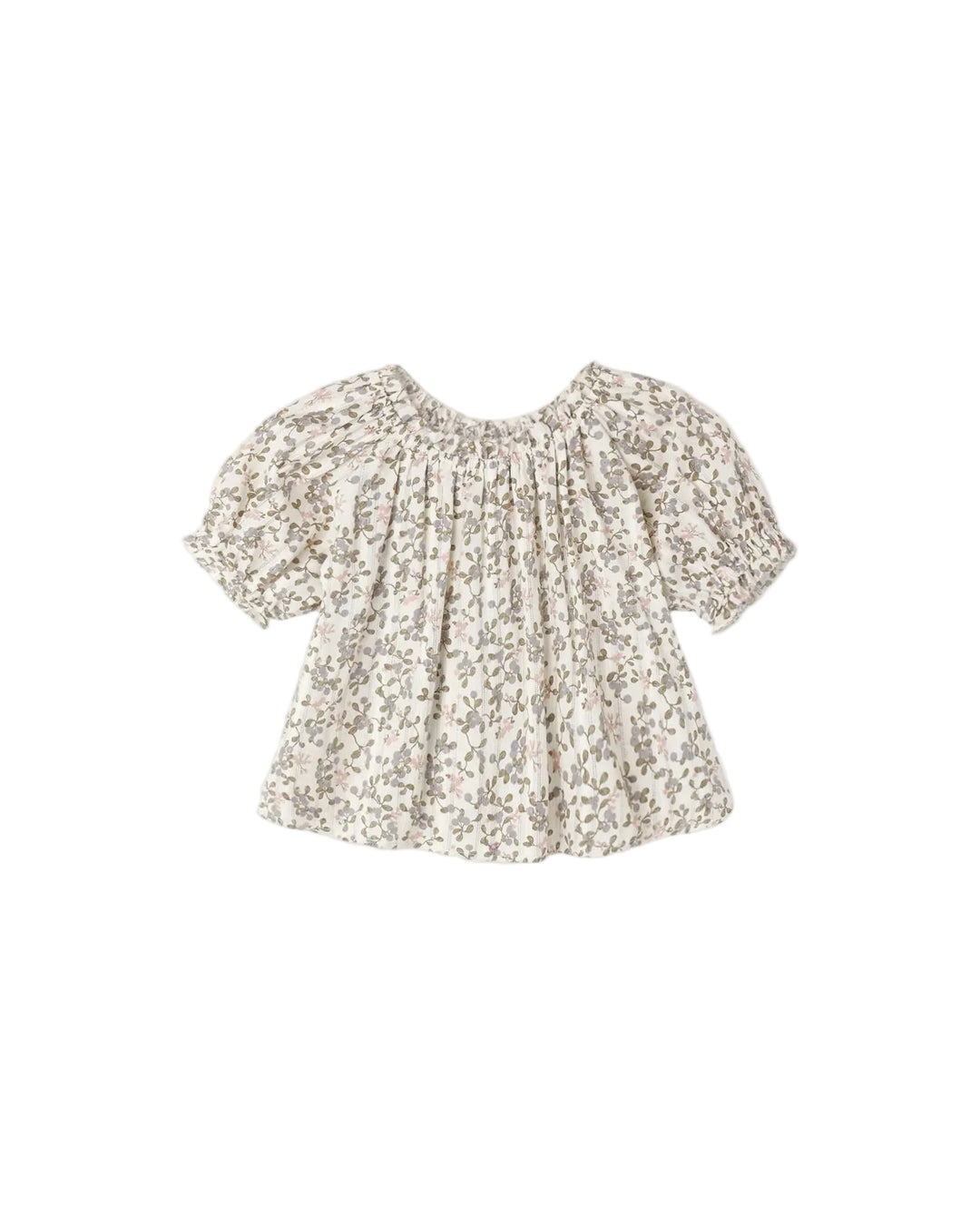 A short-sleeve baby top with a dense beige and brown floral print on a white background, featuring a smocked neckline and puffed sleeves, shown flat on a light gray background.