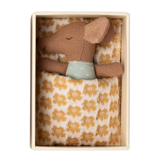 MAILEG Sleepy Wakey Baby Mouse in Matchbox - Blue