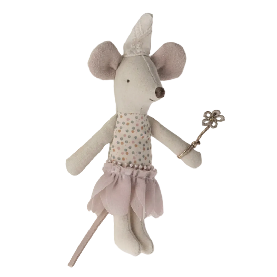 Stuffed mouse toy with a dress and wand on a white background