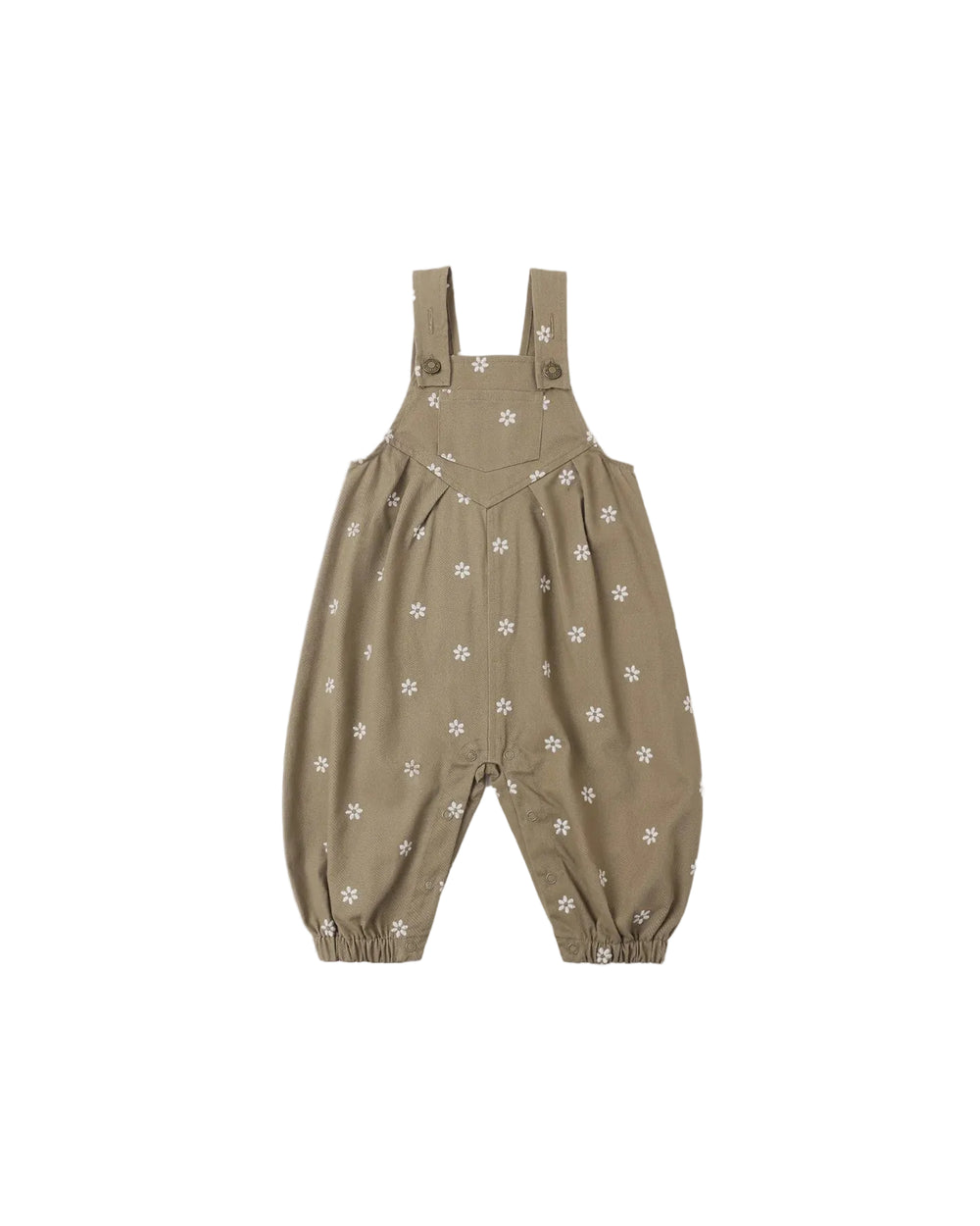 A baby romper with vertical red and white stripes, featuring adjustable shoulder straps and elasticized leg cuffs, shown against a plain light gray background.