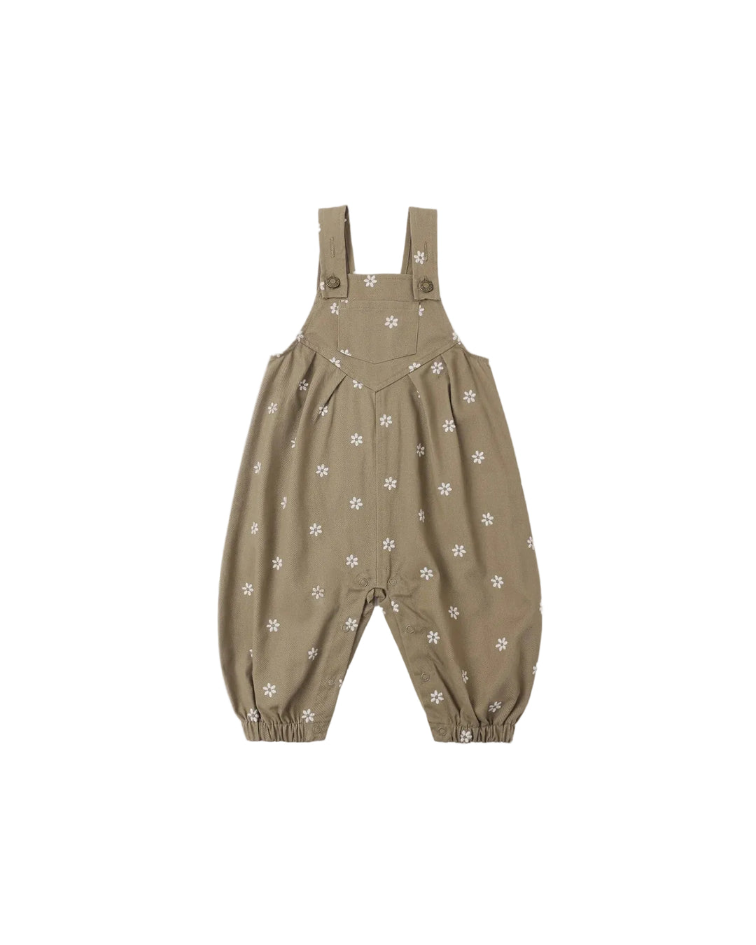 A baby romper with vertical red and white stripes, featuring adjustable shoulder straps and elasticized leg cuffs, shown against a plain light gray background.