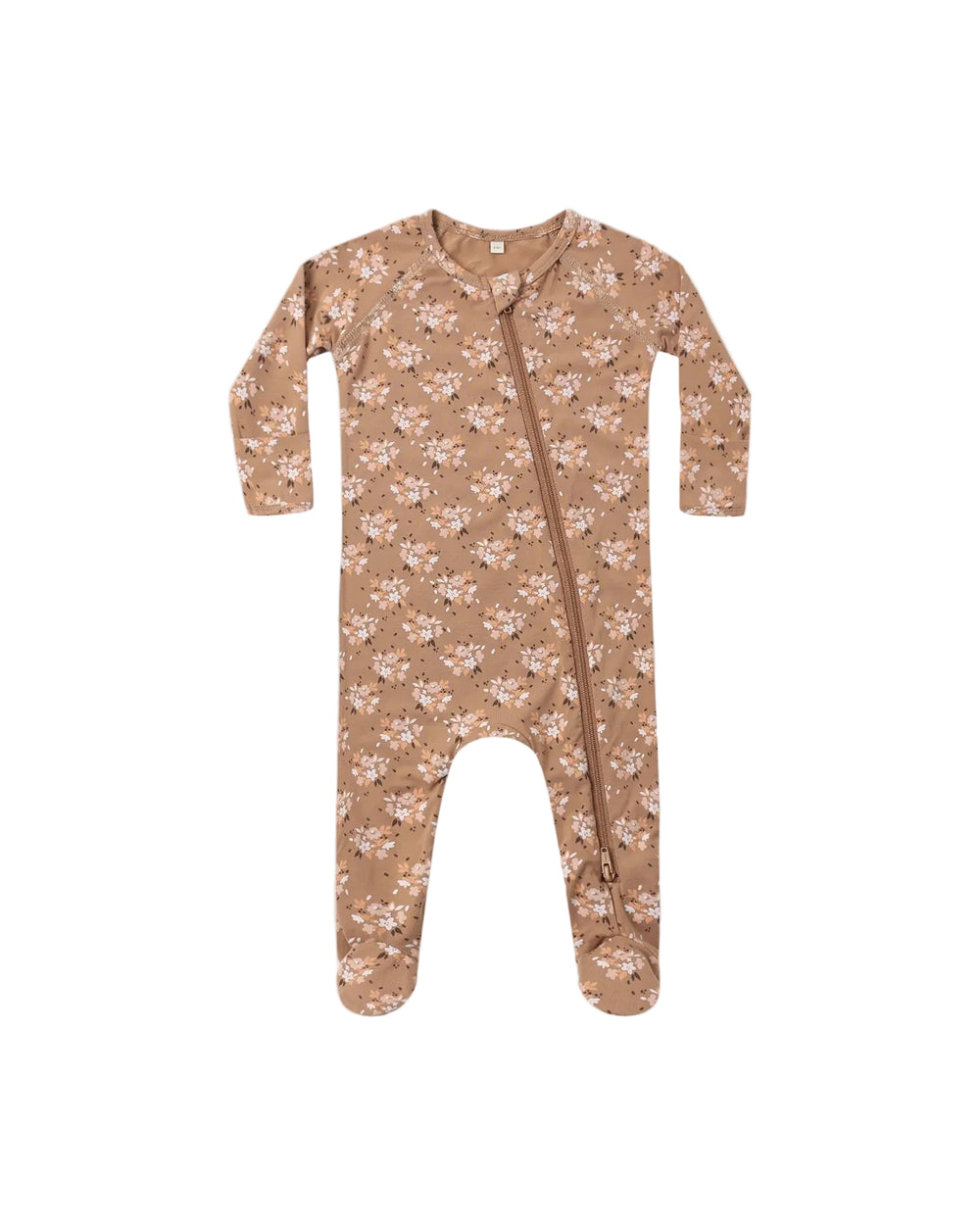 A baby footed one-piece sleeper in a warm tan color with a delicate pink and white floral pattern, featuring a front zipper closure, shown on a plain light gray background.