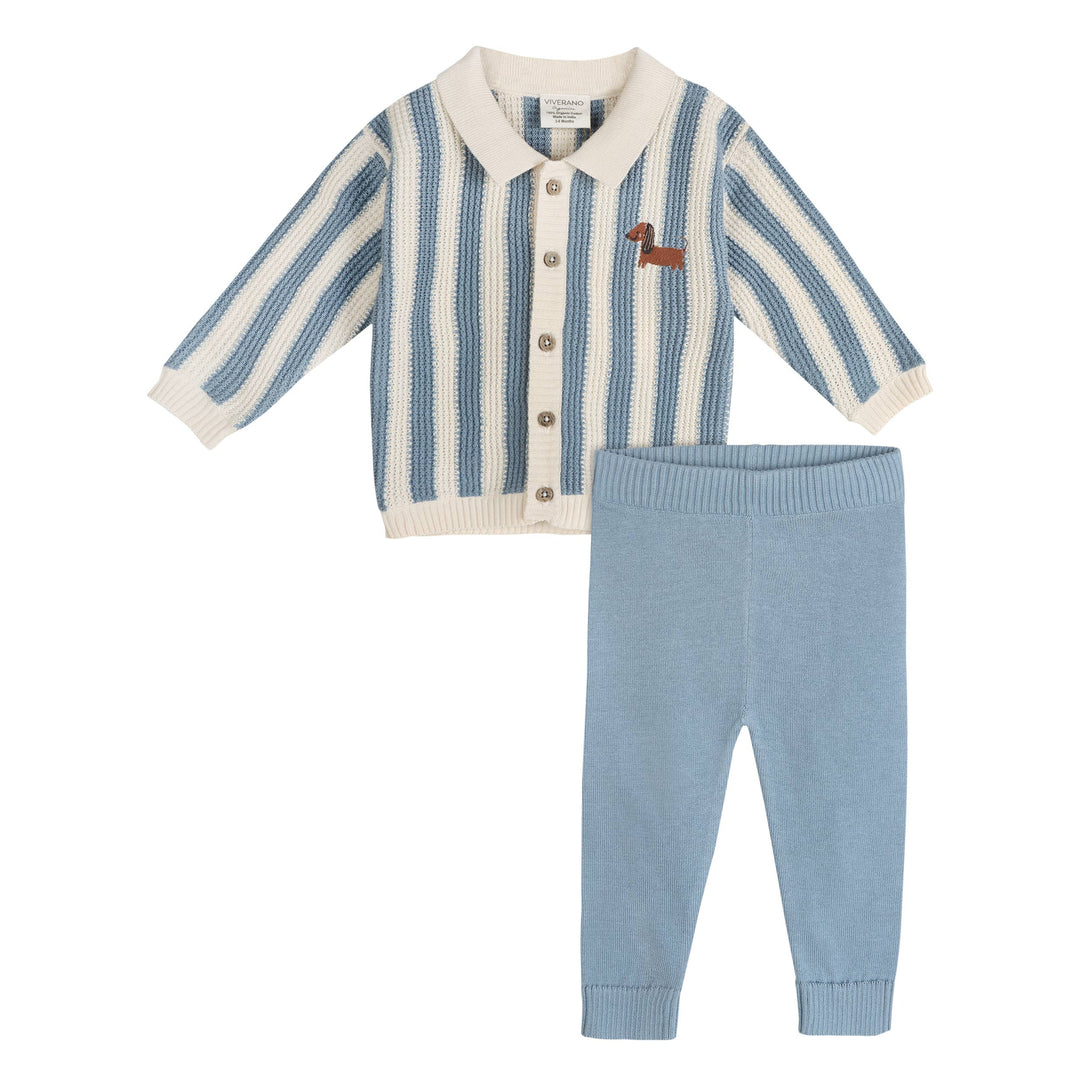Dog Stripe Baby Collar Cardigan &amp; Pant Set (Organic Cotton)
