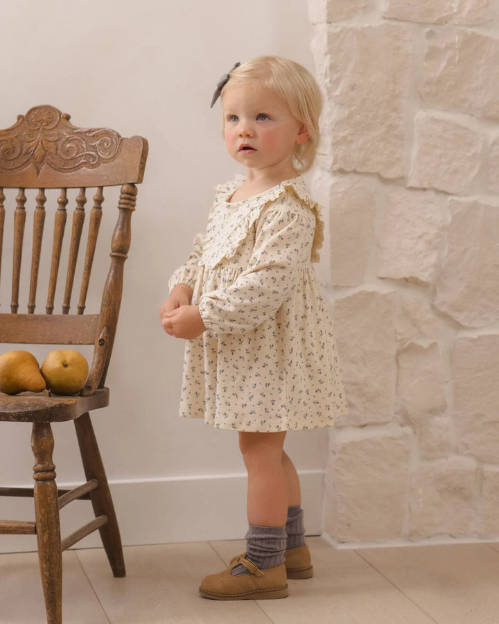 ORGANIC Long Sleeve Ruffle V Dress Blue Ditsy