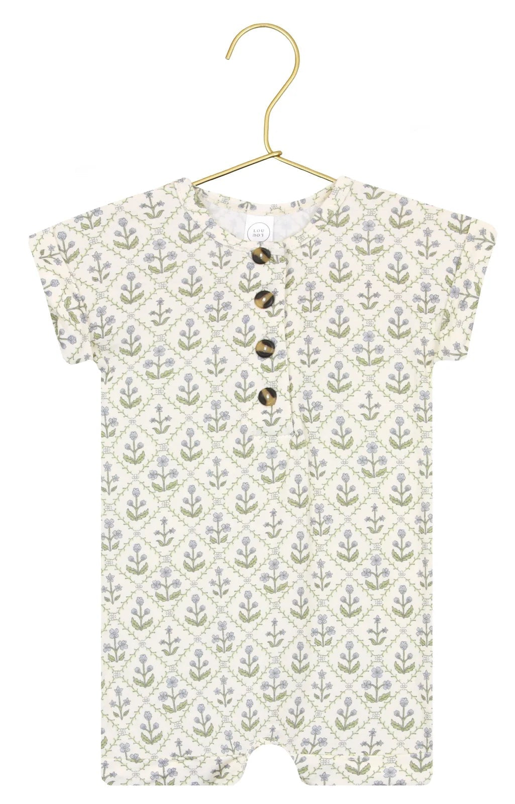 Baby romper with floral pattern on a hanger against a white background