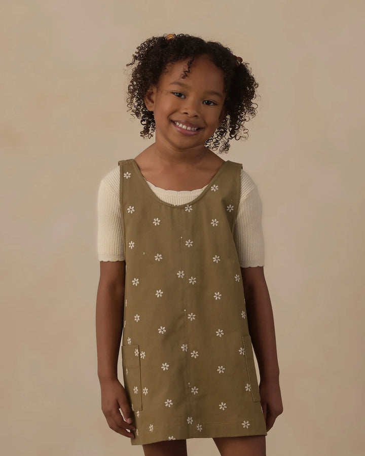 V-Neck Overall Dress Embroidered Daisies