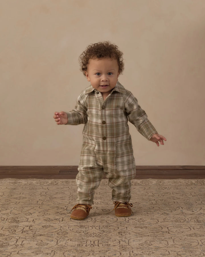 Collared Baby Jumpsuit Olive Dobby Plaid