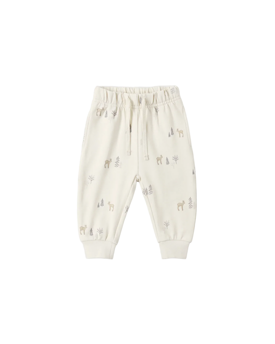 Off-white jogger pants for toddlers, featuring a small woodland animal and tree print in muted gray and beige tones, with an elastic waistband and drawstring.