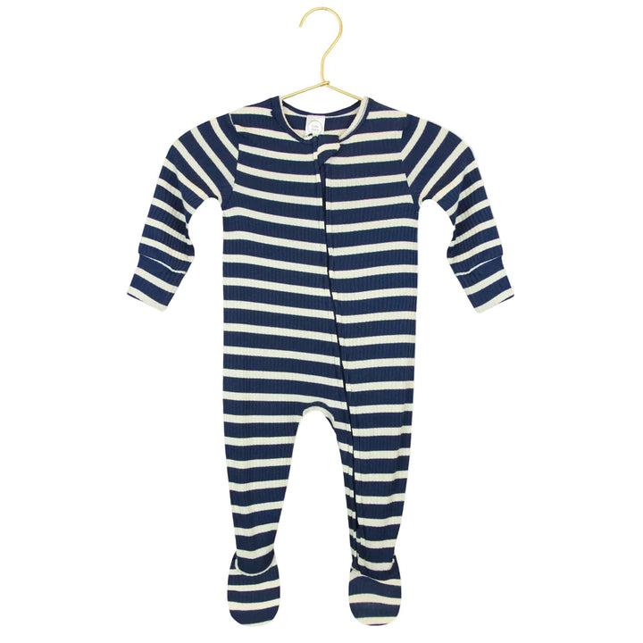 Navy and white striped baby onesie on a hanger with close-up detail.