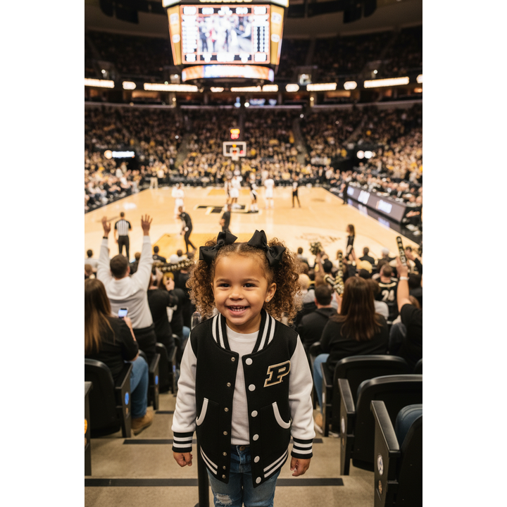 Young girl in a sports arena wearing a letterman jacket with a visible Purdue brand logo.